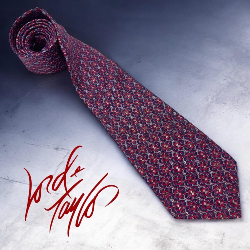 Lord & Taylor “Kensington” Silk Necktie — Red & Navy Medallion Foulard Print